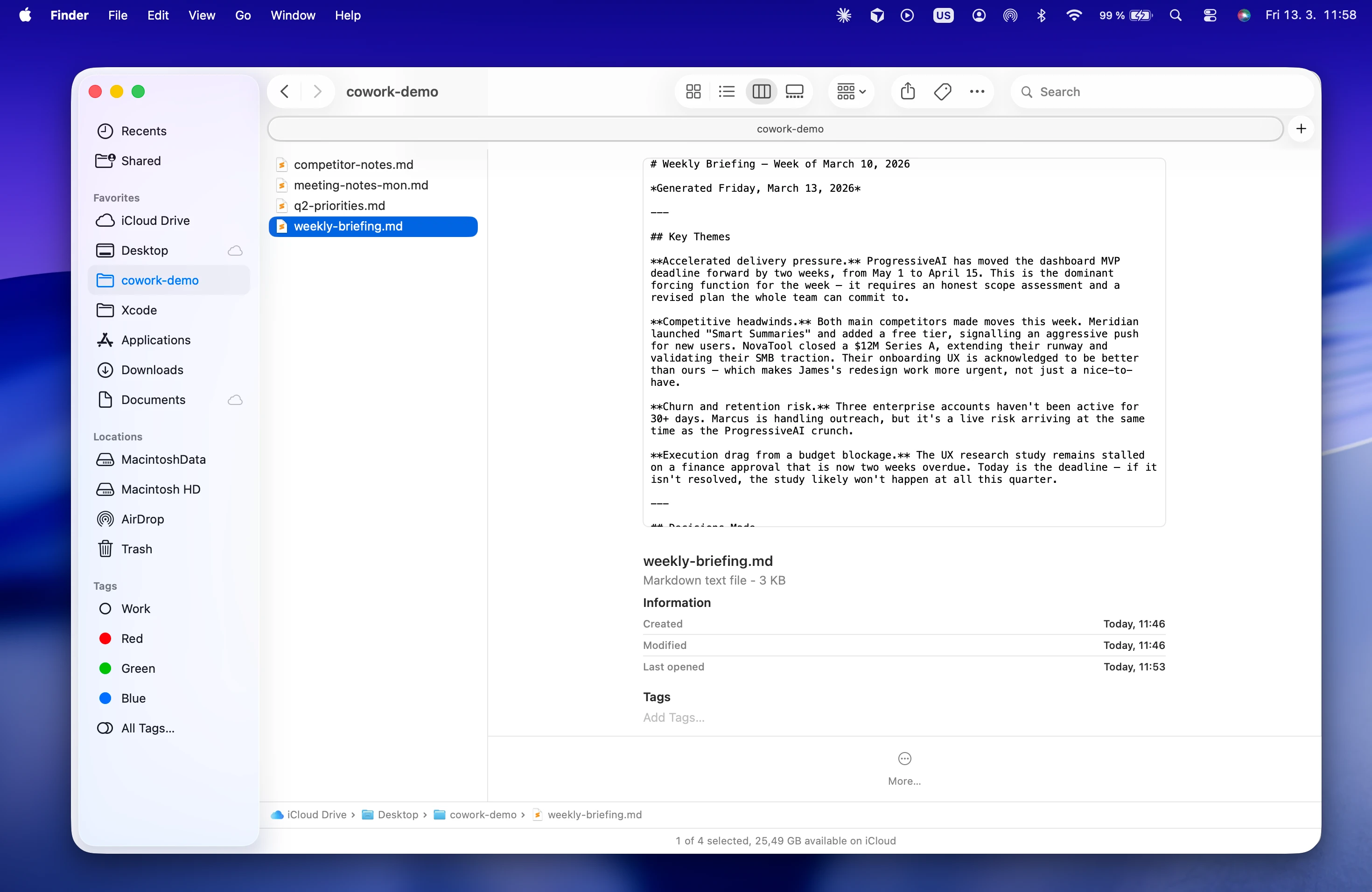Finder showing the weekly briefing .md file alongside your notes