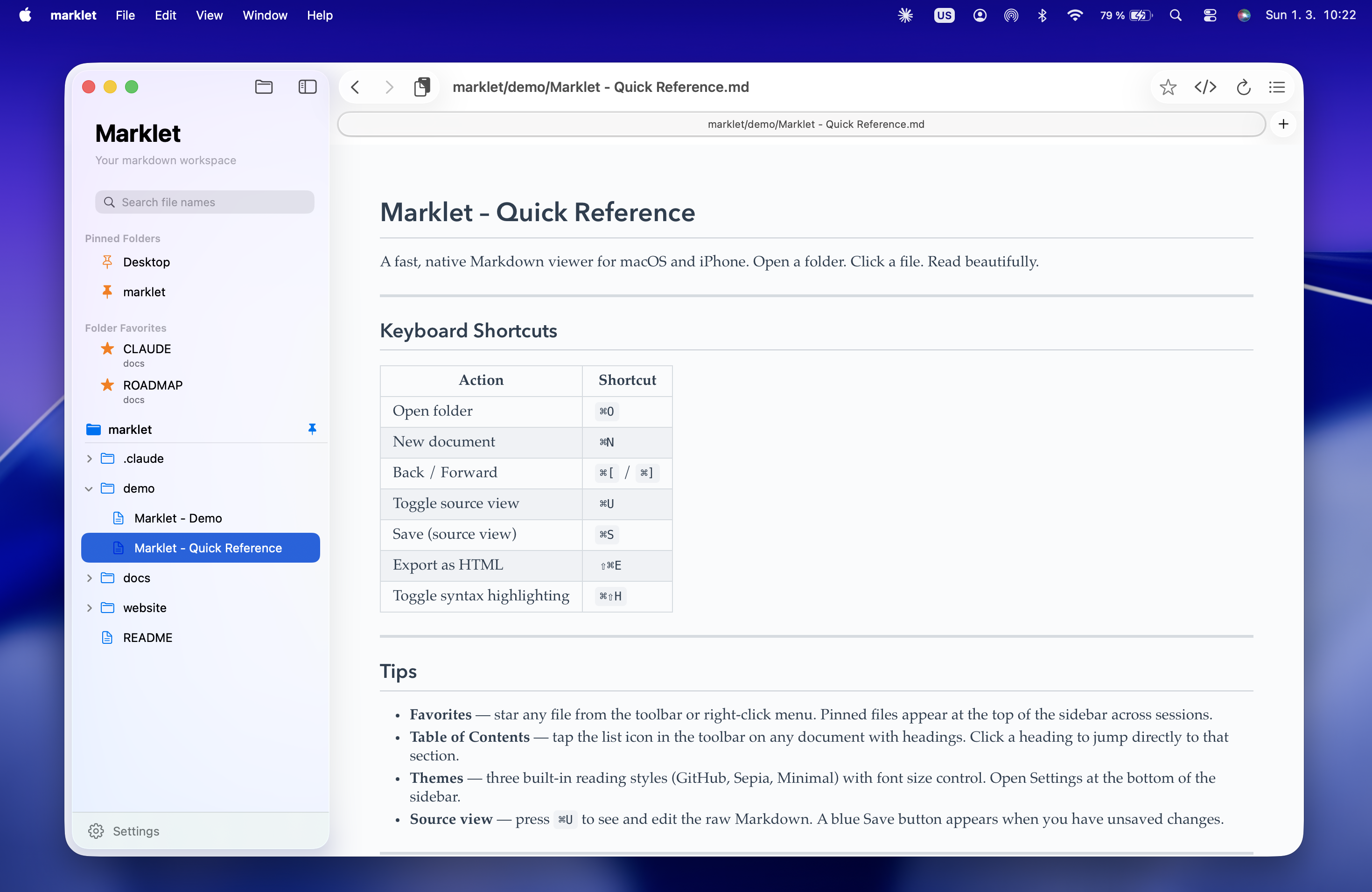 Marklet showing a markdown document with the sidebar file tree