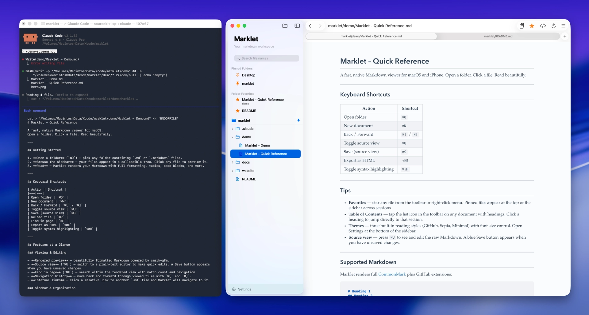 Claude Code writing a markdown file alongside Marklet rendering it in real time